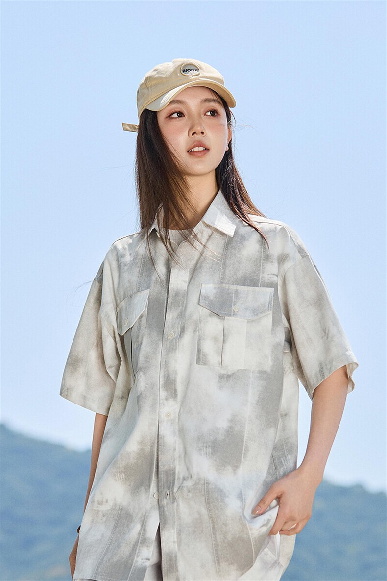 水墨扎染工装短袖衬衫女款夏季新款半袖衬衣外套A406C6066特P40,男装衬衫,星座309（原A406）