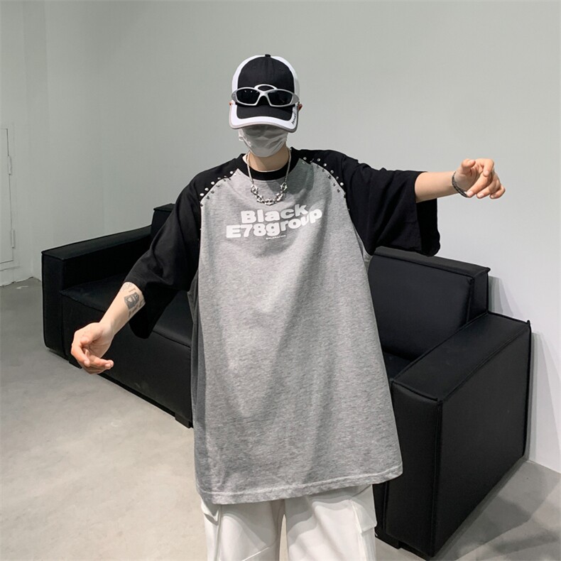 港风夏款男短袖T恤铆钉字母印花拼色纯棉T恤衫T36P48,男装T恤,星座1013-1