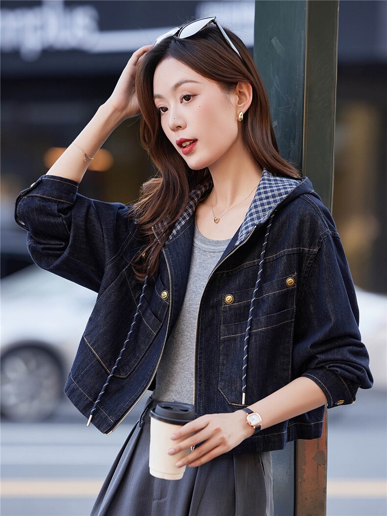 时尚连帽牛仔外套女短款2025春秋新款设计感洋气休闲百搭夹克上衣,女装短外套,靓衣阁
