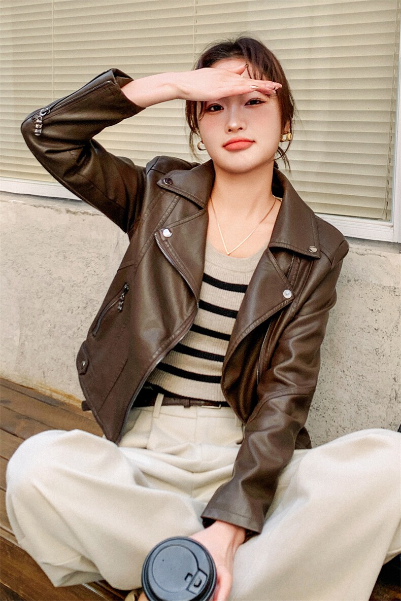 美拉德咖色短款小皮衣外套女春秋2025年新款高级感超好看复古夹克,女装皮衣,莘蕾