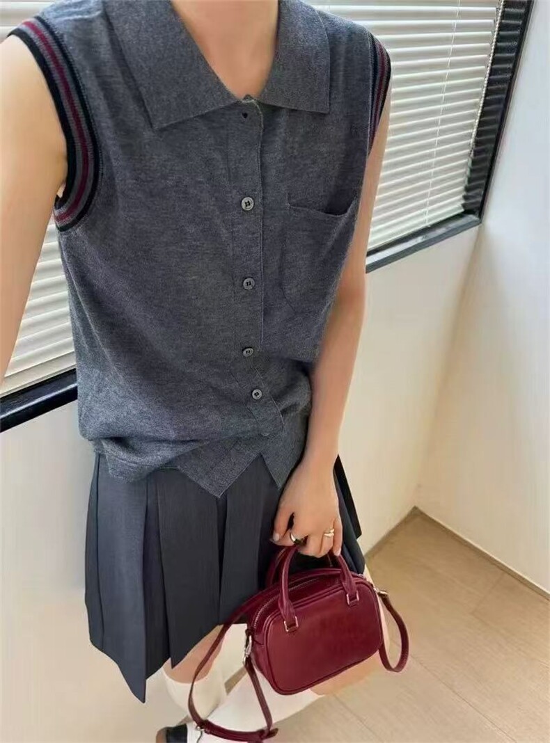 夏季通勤简约舒适百搭显瘦POLO领开衫背心短袖,女装T恤,百纯羊绒