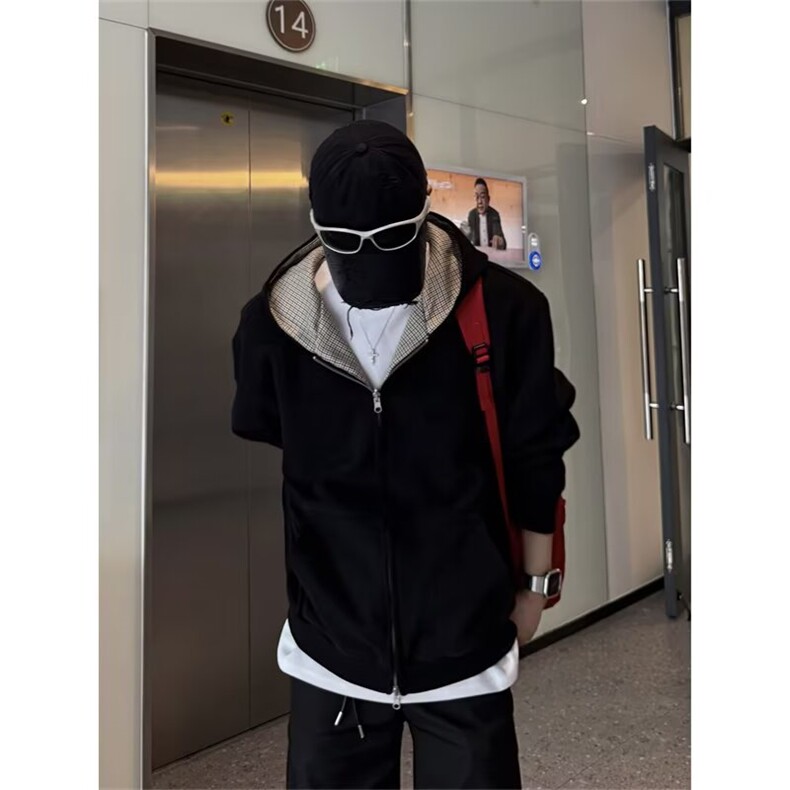 秋季美式高街双面穿千鸟格开衫连帽卫衣男情侣外套914-4-YT10P58,女装短外套,星座914-4