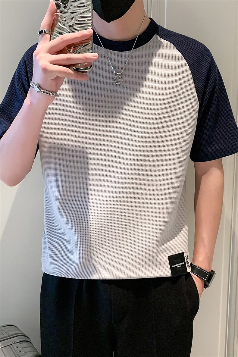2025新款夏季短袖T恤男潮牌华夫格拼接半袖体恤A313-1-32342-P38,男装T恤,电商A313-1