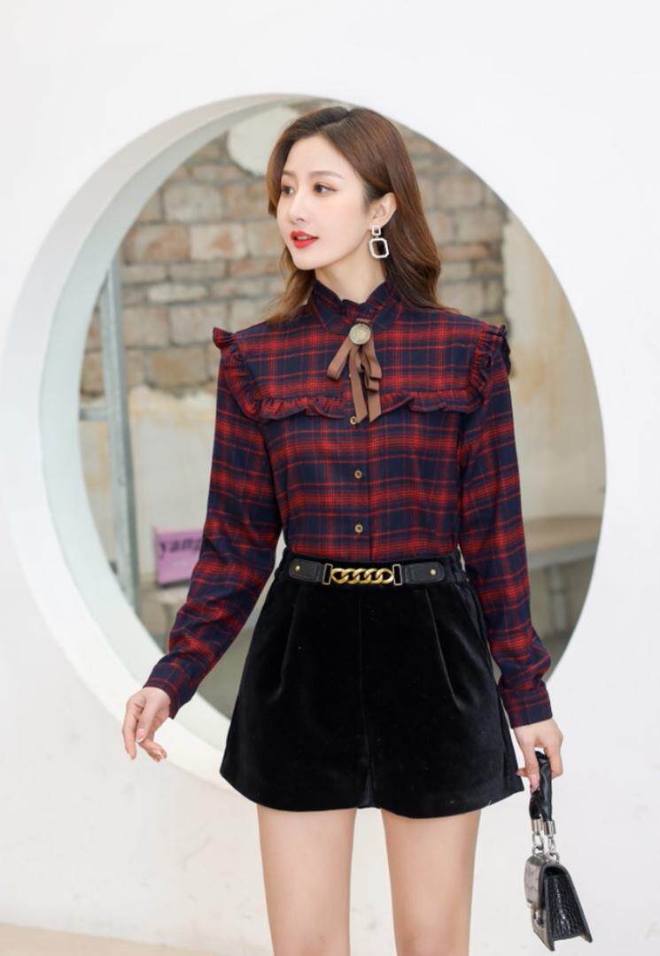 【现货】2021春装现货 木耳边挂件格子衬衫,女装衬衫,伊洛姿