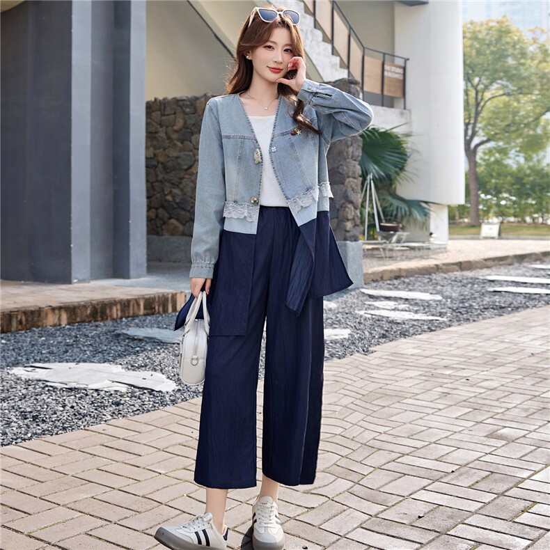 休闲牛仔套装女春秋季高级感蕾丝拼接阔腿裤两件套减龄气质,女装套装/套裙,欣品汇
