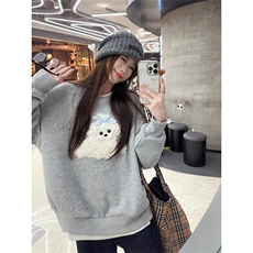 慵懒风无帽长袖毛绒小狗卫衣外套女装秋冬季减龄宽松加绒加厚上衣，男装针织衫/毛衣，星座506A