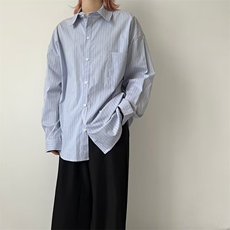 复古清新条纹衬衫长袖春夏宽松休闲中性无性别男女同款衬衣外套，男装衬衫，星座506A