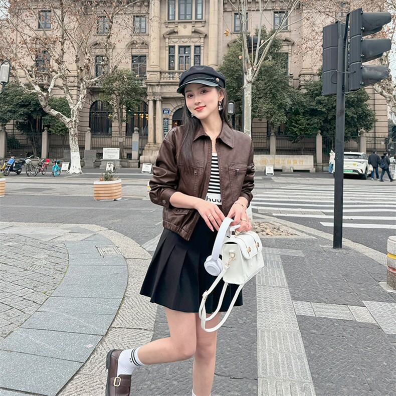 网红同款欧货新款复古泫雅风甜酷独特小众时尚皮外套女2024年春季,女装皮衣,江南女神