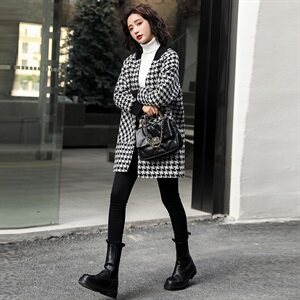 千鸟格毛呢外套女中长款2022年冬装新款加厚气质百搭格纹呢子大衣，女装毛呢外套，霓裳依族