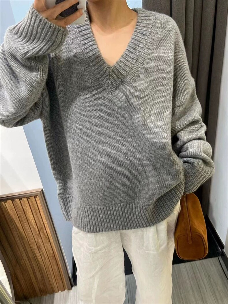 羊毛毛衣廓形加厚V领慵懒宽松套头针织衫上衣女,女装羊毛衫,思途羊绒
