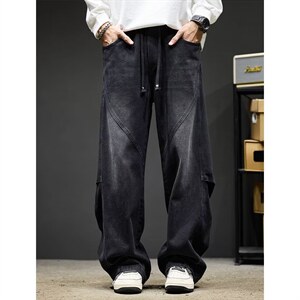 1506/Q89050/P51美式潮牌拼接牛仔裤直筒裤时尚水洗复古休闲长裤，男装牛仔裤，星座1506