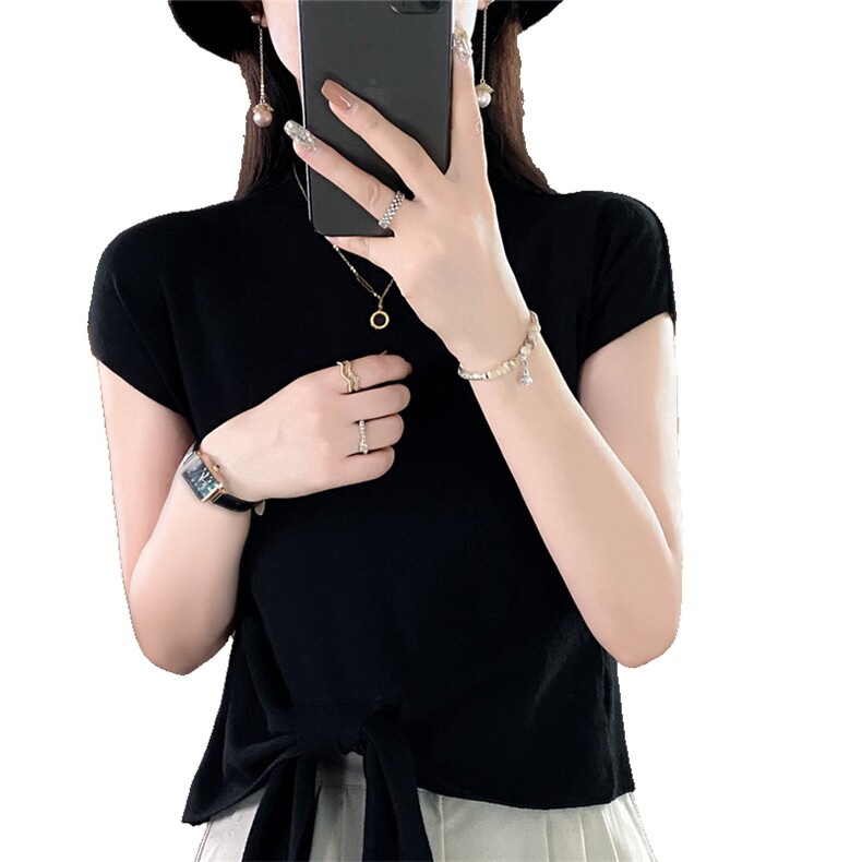 半高领系带蝴蝶结针织衫女夏季大码微胖妹妹薄款气质温柔显瘦上衣,针织衫/毛衣,暖姿羊绒
