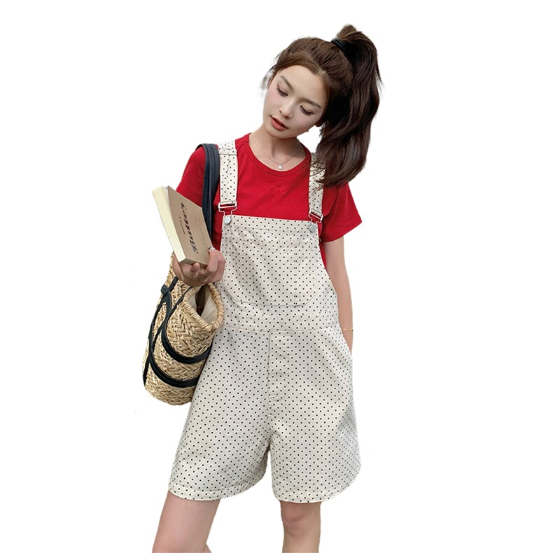 可盐可甜波点背心裤套装女夏新款小个子休闲显瘦红色t恤两件套,女装连体裤,2C087
