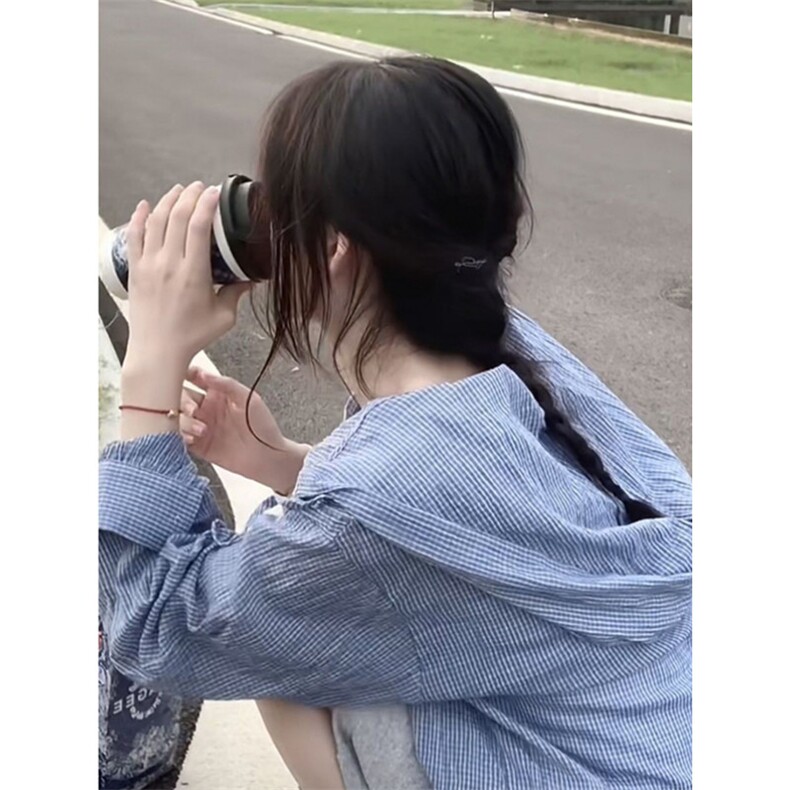 法式蓝色格纹连帽衬衫灯笼袖夏季休闲长袖上衣宽松慵懒防晒C126,男装防晒衣,星座1116A（原606A-3）
