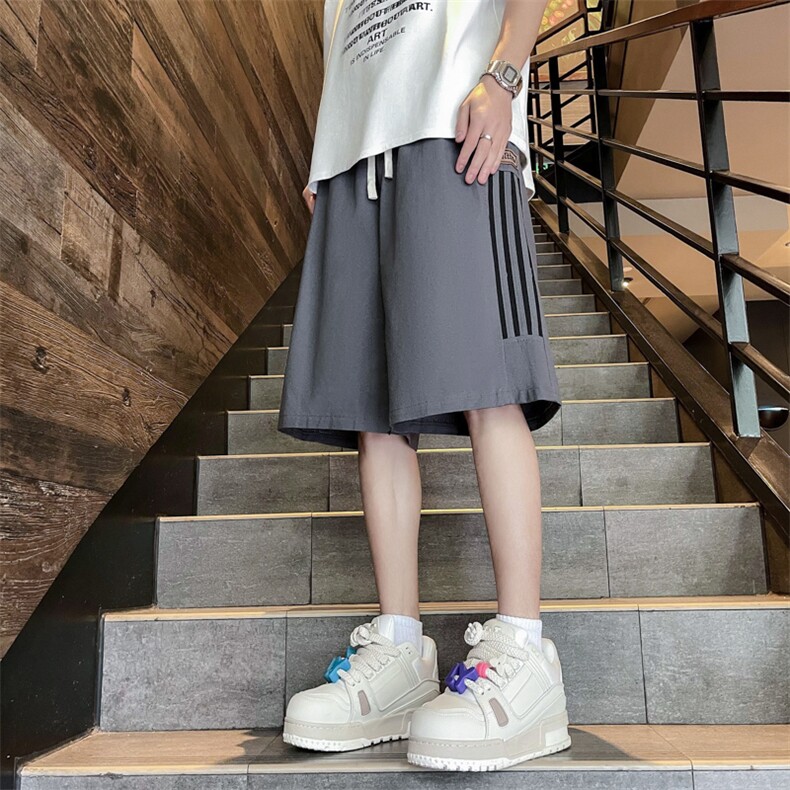 港风复古条纹夏季薄款美式潮牌宽松直筒休闲五分裤图片
