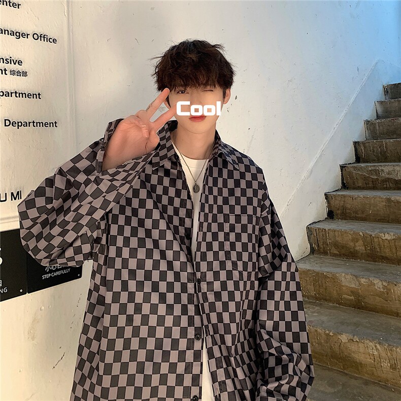 22格子衬衫男长袖宽松外套春秋港风宽松衬衣上衣DX167P45控58,男装衬衫,电商B413-1