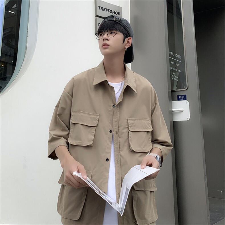 2025夏装多口袋工装短袖衬衫男宽松休闲大码衬衣C300P40,男装衬衫,电商C323