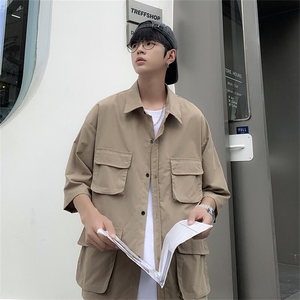 2025夏装多口袋工装短袖衬衫男宽松休闲大码衬衣C300P40