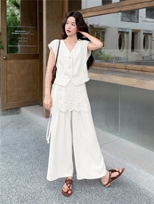 2026夏季新款轻熟老钱风V领马甲蕾丝拼接阔腿裤两件套套装，女装套装/套裙，流量+