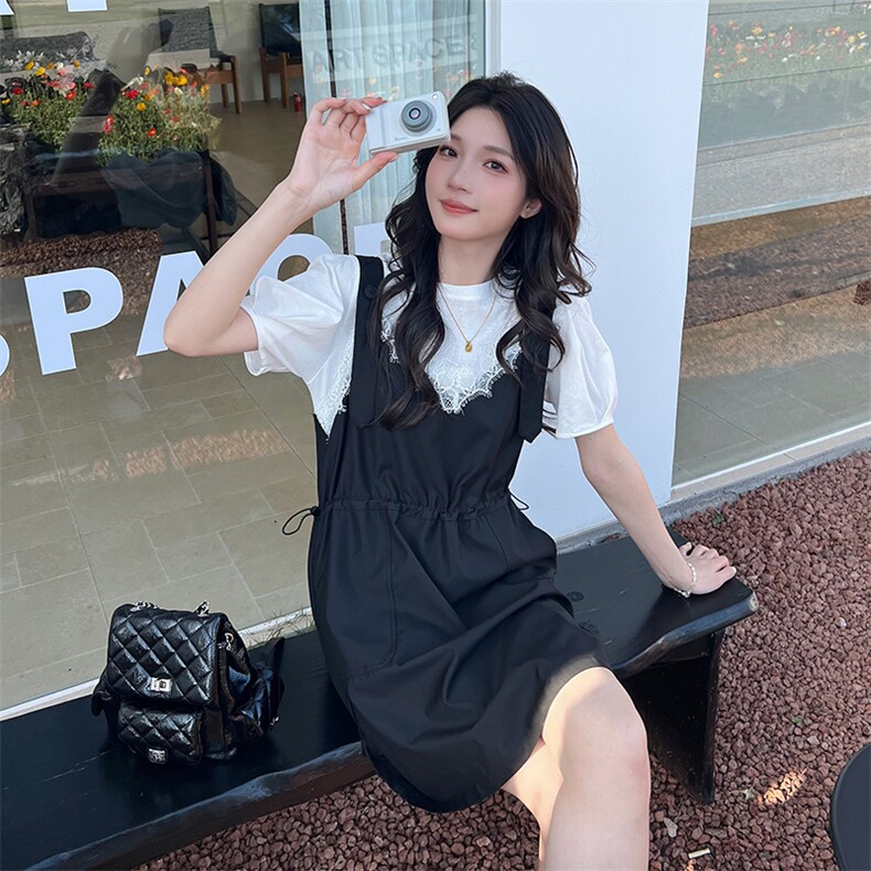 小个子白色T恤黑色背带裙两件套2025夏季新款蕾丝洋气减龄两件套,女装套装/套裙,2C122