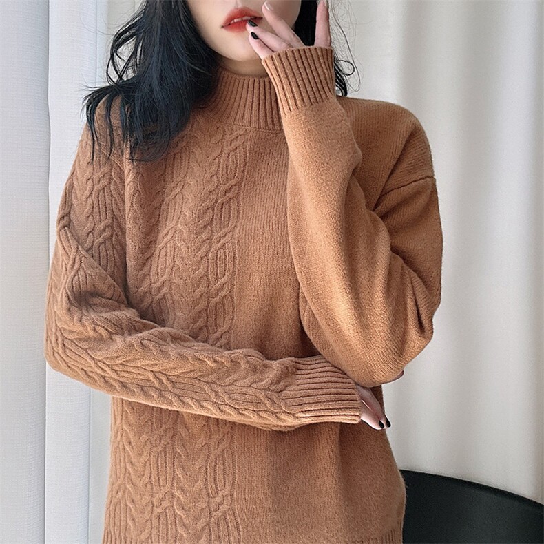 秋冬新款绞花毛衣女软糯宽松半高领加厚百搭羊毛针织打底衫，女装羊毛衫，臻纶羊绒
