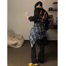 CS301-P35美式潮牌蓝色长袖格子衬衫男女生宽松百搭复古休闲，男装T恤，电商B323A