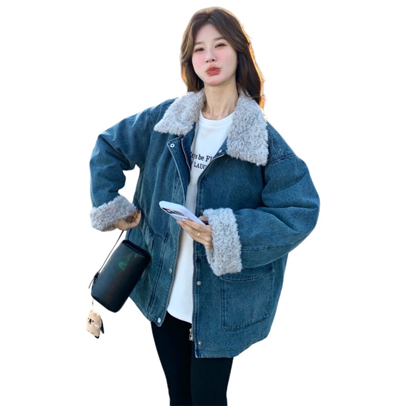 美式蓝色羊羔毛领牛仔外套女2025冬季新款高级感休闲宽松夹克上衣,女装羽绒服,艾米莉亚
