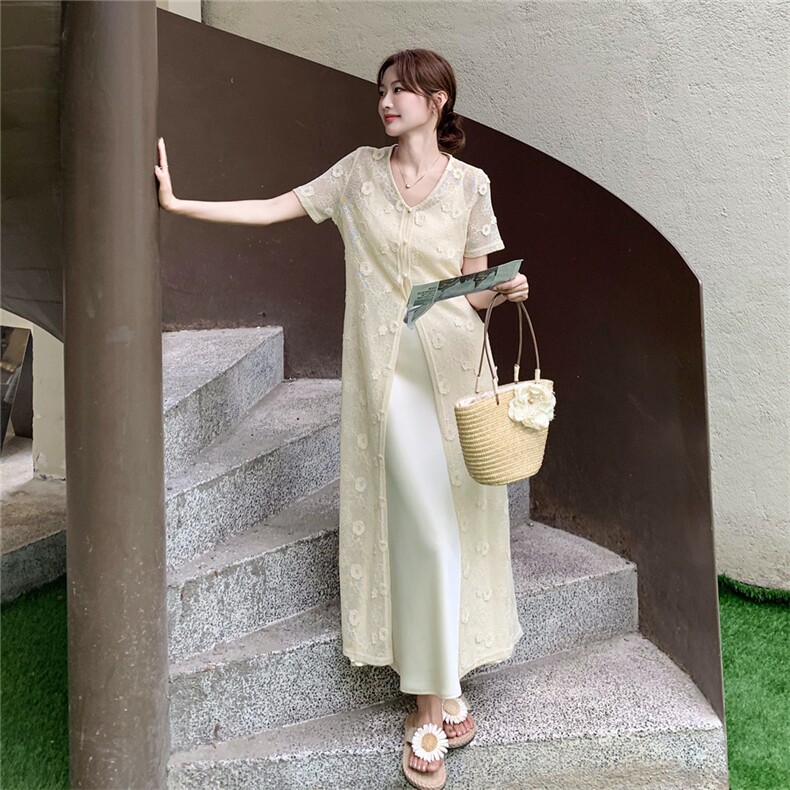 轻奢高级感蕾丝花朵罩衫连衣裙套装女夏新款显瘦别致吊带裙两件套,女装连衣裙,2D041
