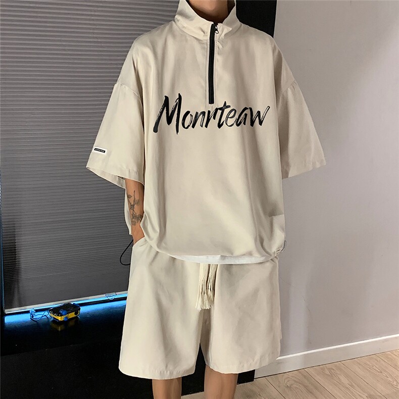 港风夏季运动休闲宽松套装桃皮绒短袖短裤男女TZ6752P75控98,男装牛仔裤,电商A268A