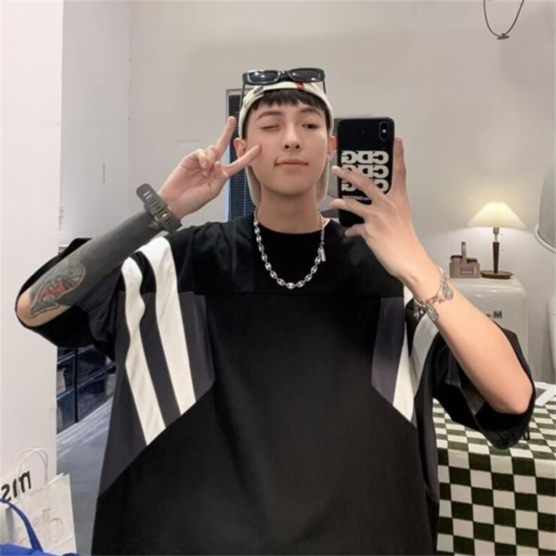 欧美高街t恤原创拼接hiphop棒球短袖男夏季重磅藏青色条纹五分袖,男装T恤,星座1210-1