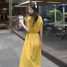 黄色衬衫设计感气质衬衫连衣裙女夏季法式独特别致掐腰宽松中长裙，女装连衣裙，浙宝276（原081）