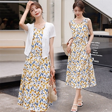高端棉麻套装裙女夏季2025新款碎花显瘦洋气减龄吊带连衣裙两件套，女装套装/套裙，韩宇舍