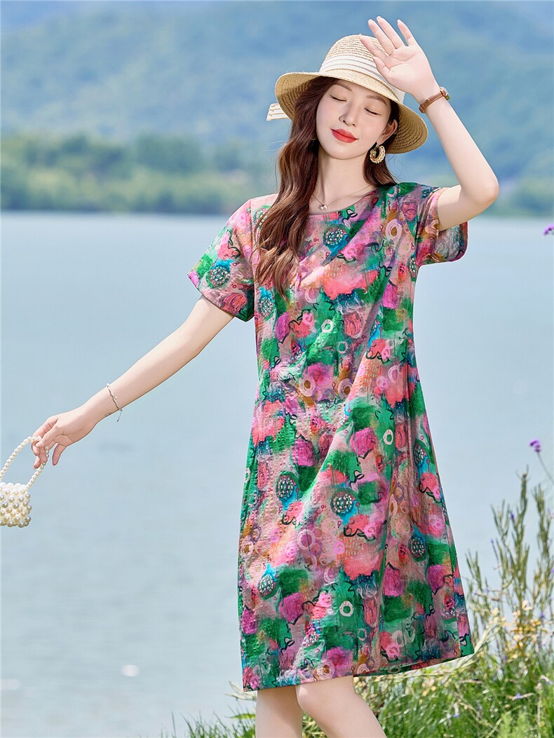 小清新绿色碎花棉麻连衣裙女2026夏季薄款宽松显瘦小个子休闲裙子,女装连衣裙,倪叶myz