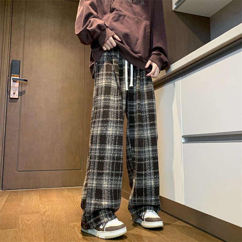 M~8XL毛呢格子裤特大码阔腿裤直筒裤子美式复古休闲裤KZ1902/P55，男装休闲裤，电商B238