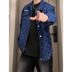 棋盘格翻领牛仔夹克美式复古风男春秋宽松外套JA3710-特价P55，男装夹克，电商A007