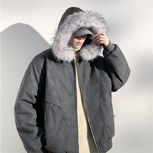 现货 扎染PU皮棉服男冬季加厚连帽棉衣座山雕大毛领外套M090-P120图片