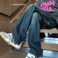 B221美式ins高街暗黑小众个性宽松直筒牛仔裤LK23140-P65控88，男装牛仔裤，电商B221