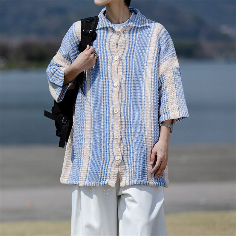8XL-M 特大码美式撞色新中式短袖衬衫男翻领休闲针织开衫DX312P35图片