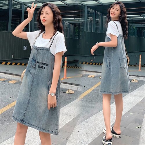 牛仔裙女2021夏新款韩版夏装假两件套卫衣连衣裙宽松显瘦小个子图片