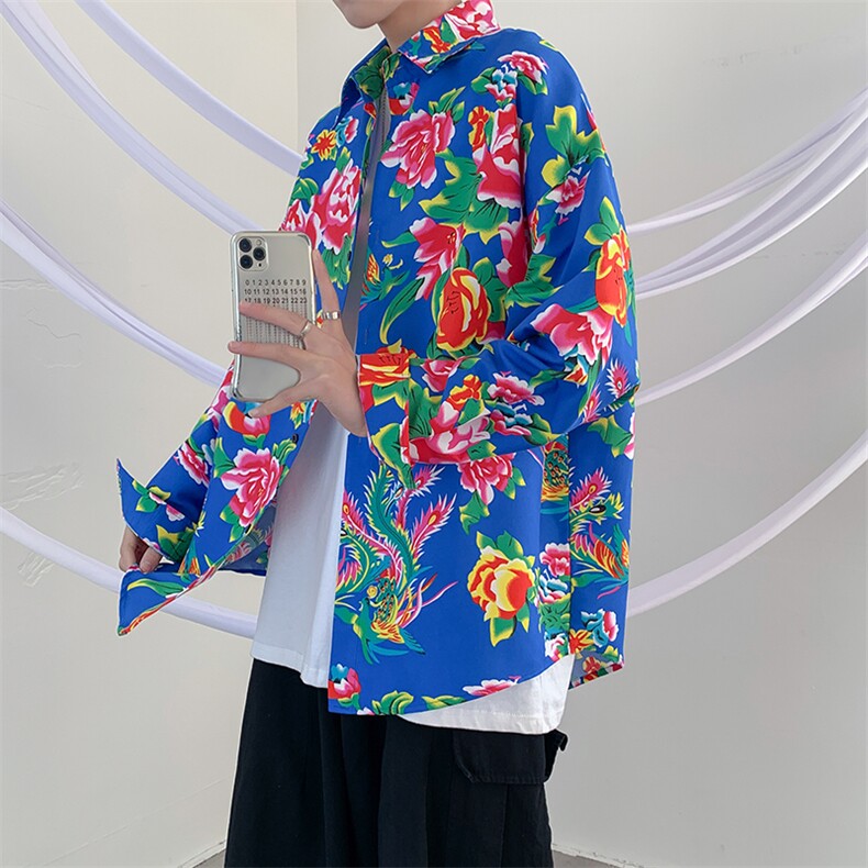 C203秋长袖男士宽松东北大花港风衬衣外套民族特色表演出新中式潮，男装民族服装，星座115A(原星座507）