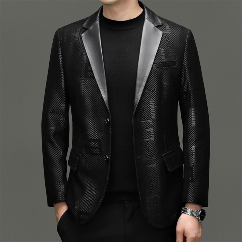BG8113春秋款海宁真皮皮衣男绵羊皮印花西服商务休闲男装外套图片