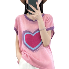 圆领薄款针织衫夏新款竹节麻短袖上衣女爱心宽松亚麻拼色T恤打底，女装T恤，佳绒包芯纱店