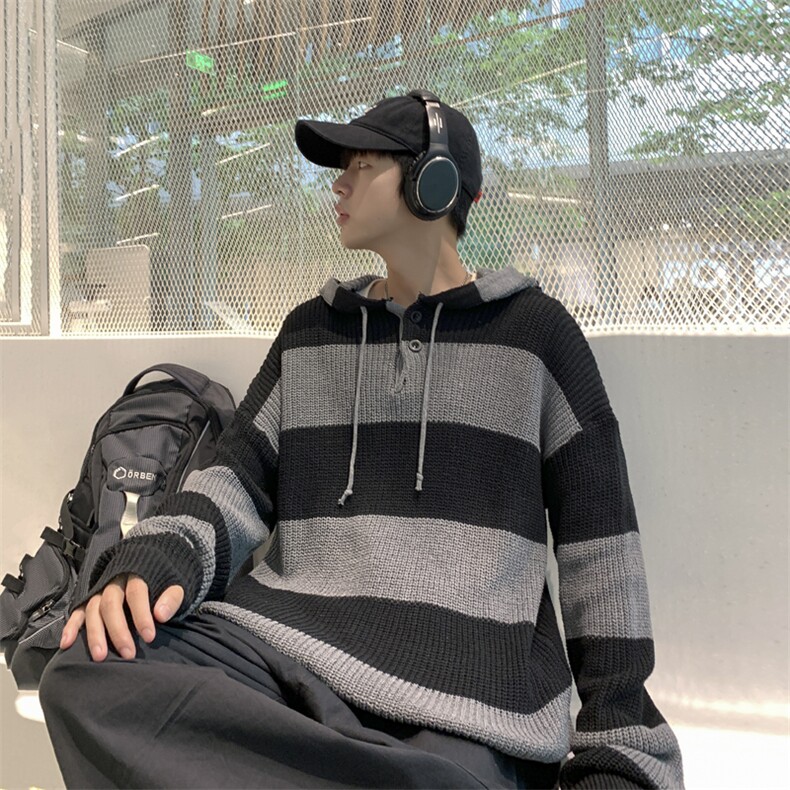 港风秋冬款男连帽毛衣条纹拼色手套款休闲打底外套M6005P55,男装针织衫/毛衣,星座1013-1