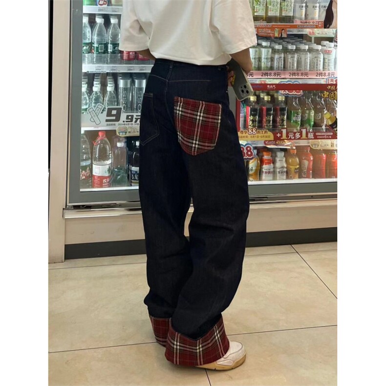 美式格子拼接牛仔裤男女款cleanfit裤子直筒阔腿裤NZ011WW-特P48图片
