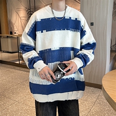 秋冬季情侣慵懒风宽松毛衣男潮牌条纹圆领套头日系保暖打底针织衫，男装针织衫/毛衣，星座1013