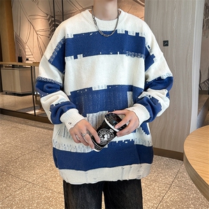 秋冬季情侣慵懒风宽松毛衣男潮牌条纹圆领套头日系保暖打底针织衫图片