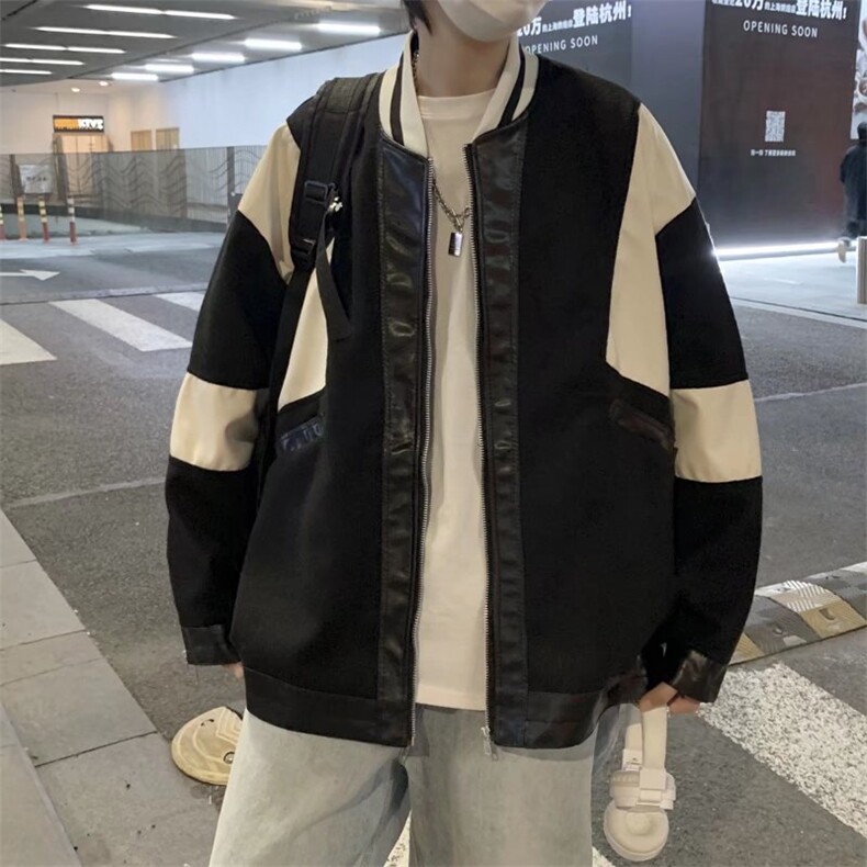潮流夹克潮男春季毛呢皮袖外套J6502P65图片