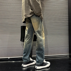 大货复古黄泥染直筒牛仔裤vintage水洗宽松阔腿休闲长裤，男装牛仔裤，星座610A-1