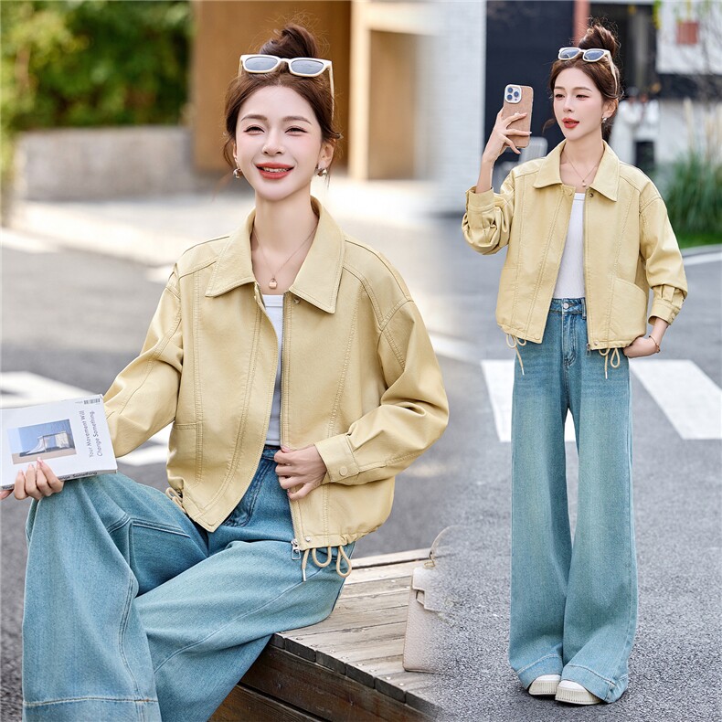 黄色可盐可甜减龄好看皮衣夹克上衣女春新款小个子休闲显瘦短外套，女装皮衣，潮流依族