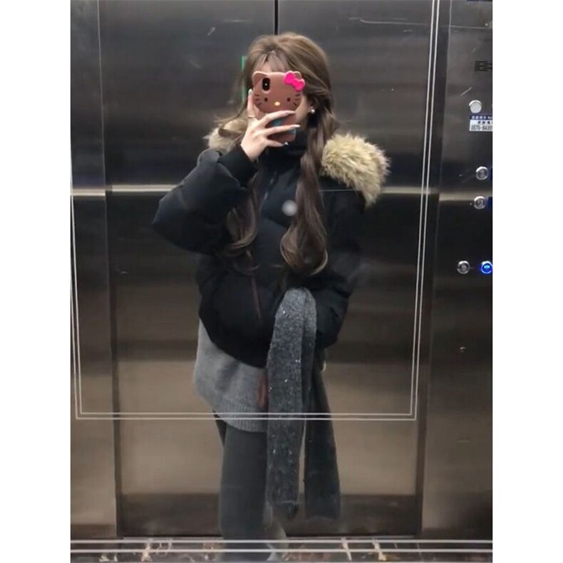 高级感时髦连帽羽绒棉服女冬季慵懒风短款毛领字母印花面包服外套,男装棉衣,星座1210-1